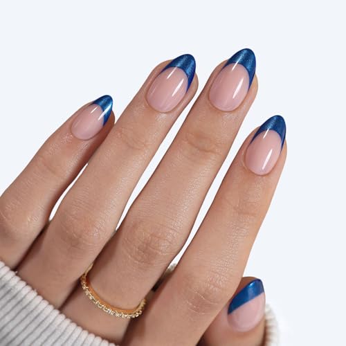 Royal Navy Blue Press On Nails Short - GJZEZ Soft Gel Metallic French Tips Stick On Fake Nails, Chrome Mirror Almond Glue On False Nail | 16 Sizes - 32pcs Reusable Nail with Glue, Deep Ocean