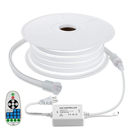 Brillihood LED Neon Strip Lights, 50ft Flexible Rope Light, White 6000K, 120V, IP67 Waterproof, Connectable Neon Lighting with Dimmer for Indoor Outdoor Commercial Building Decoration