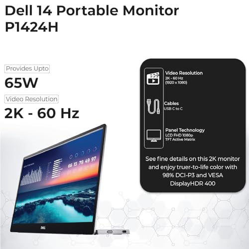 Image of Dell P1424H 14-Inch Portable Monitor for FHD LED with Dual-Screen Productivity, in-Plane Switching, USB-C Connectivity, Low Blue Light, and Display Manager Software
