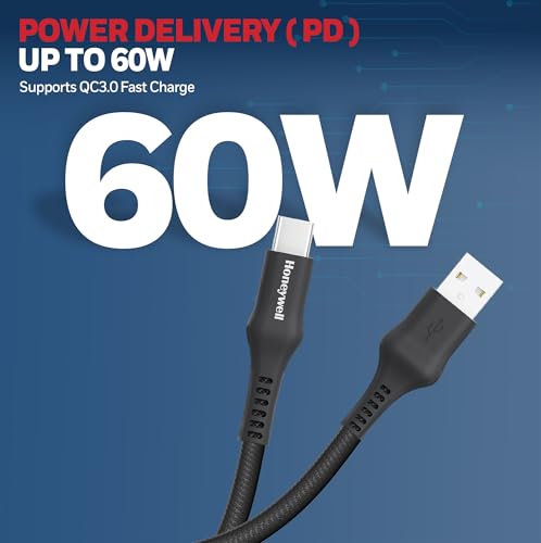 Image of Honeywell USB A to Type C Cable, 4 Feet (1.2M), PD 60W, QC 3.0, Fast Charge & Sync Cable, Nylon Braided Cable for Apple Devices, Smartphones, Laptops, Power Banks, Tablets, Headphones, Speakers Black
