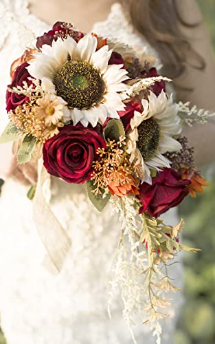 Ansofi 9 Inch Vintage Sunflower Wedding Bouquets For Bride Artificial Burgundy Rose Cascading Bridal Bouquet Burnt Orange Rustic Toss Bouquet For Wedding Ceremony Party Church Decor #TOP3