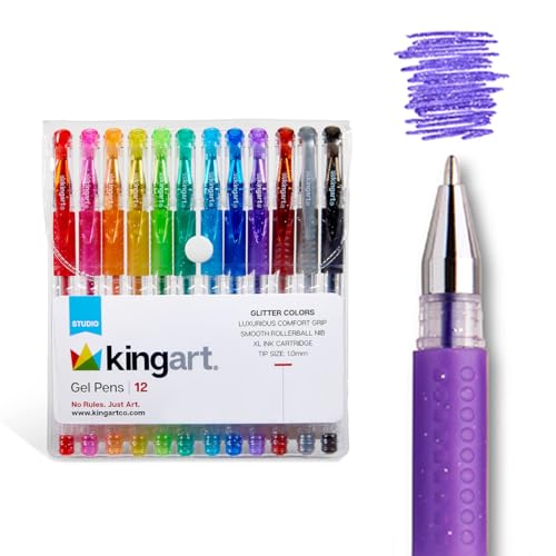 Image of KINGART Glitter Rollerball Gel Pens, 12 Sparkling Colors with Soft-Grip Comfort, XL Ink Cartridge - More Ink, Great for All Ages, Writing, Coloring, Doodling, Scrapbooking, Journaling & More