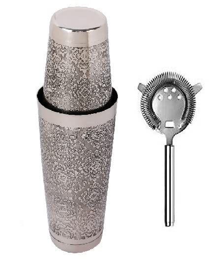 Rudra Exports Cocktail shakers French Stainless Steel Engraving Boston Shaker Bar Strainer Martini Drink Mixer - Professional barware Bartender Tool - for Alcohol Drinks