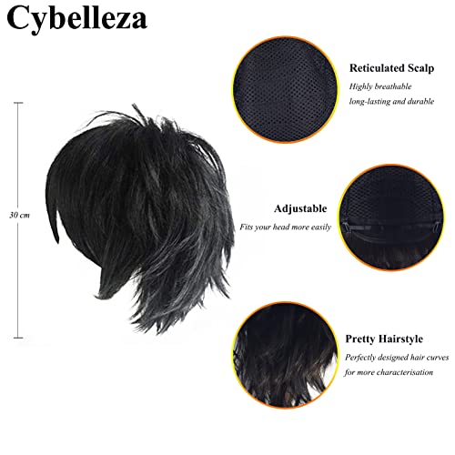 Cybelleza Anime Cosplay Wig - Short Black Synthetic Curly Straight Layered Fluffy Halloween Costume Party Carnival Wig with Free Cap - Image 2