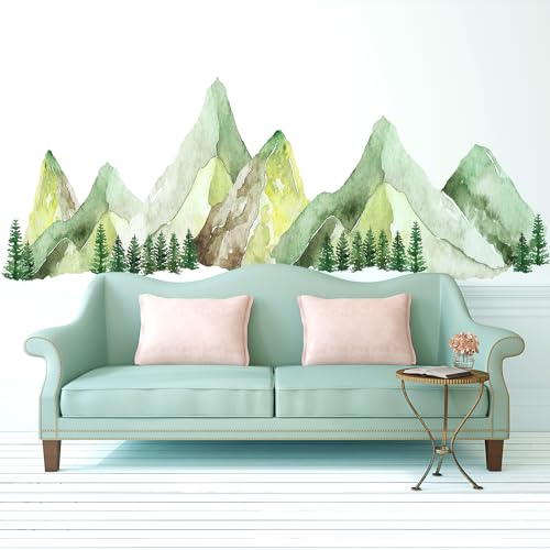 Image of Large Mountain Wall Decals, Green Pine Tree Peel and Stick Vinyl Wall Stickers & Murals, Removable Home Room Wall Decor for Bedroom Living Room Bedroom Classroom Office Nursery