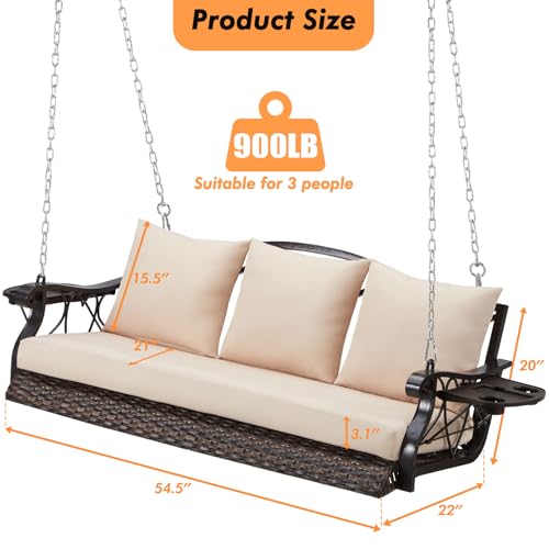 ZZW 3-Person Wicker Porch Swing Chair Heavy Duty 900 LBS Outdoor Rattan Patio Swing Chair w/Cup-Holder & Steel Chains Hanging Bench Porch Swing Cushions for Deck & Backyard & Garden - Thumbnail 6