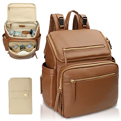 MISS FONG Baby Wickelrucksack Wickeltasche, Leder Wickelrucksack Gro&szlig; Babytaschen Rucksack L&auml;ssig mit Multifunktions, 19 Wickeltasche Organizer, Wickelunterlage, Wickeltasch Kinderwagen Haken-Braun