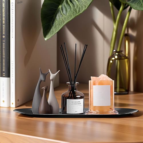 2 Stück Deko Tablett Edelstahl, Serviertablett Metall Oval 23 x 9,5 cm, Schmuck Tablett Klein, Ablageschale Keramik Schwarz für Desserts, Kosmetik, Schmuck, Kerzen, Schlüssel (Schwarz)