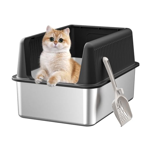 Stainless Steel Cat Litter Box with Lid,XL,19.7” L x 13.8” W x 11.8”H Deep,Large Metal Litter Box with High Side,for Small and Large Cats,Anti-Leakage Non-Sticky Easy Cleaning Include Litter Scoop