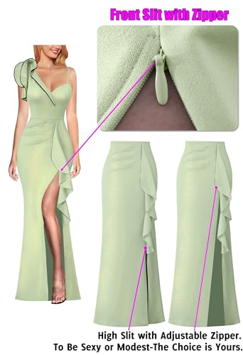 Image of VFSHOW Womens Formal Prom Elegant Ruffle One Shoulder Beaded Strap Ruched Slit Maxi Dress Wedding Evening Long Gown