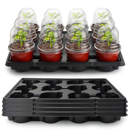 RooTrimmer 4 inch Nursery Pots with Lids 60pcs &12 Cell Round Nursery Pots Trays 5 Pcs, Sturdy Seeds Starter Germination, Small Planter Nursery Propagation 5 Sets