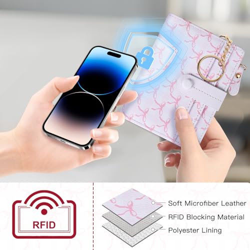 Image of COSHAYSOO Key Chain Wallet for Women Ladies RFID Protection-Small Mini Purse with Card Slots ID Window Coin Zipper-Compact Bifold Design Bill Compartment Waterproof PU Leather-Bow Pattern
