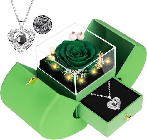 moshen Preserved Rose Gift Box with LED Lights, Red Floral Arrangement, Romantic Jewelry Display Case for Valentine's Day, Anniversary, Birthday (Green)