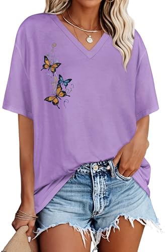 Women Oversized T Shirts V Neck Short Sleeve Summer Casual Loose ...