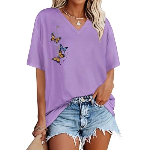 Oversized Tshirts for Women V Neck Short Sleeve Summer Casual Basic Loose Tops, Purple Colorful Butterfly, S