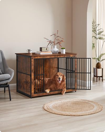 Feandrea Hundekäfig Möbel, Beistelltisch, Hundebox, Moderne Hundehütte Indoor für Hunde bis zu 37 kg, hochbelastbar, geschlossener Boden, Hundehaus 2 Türen, vintagebraun PFC024X01