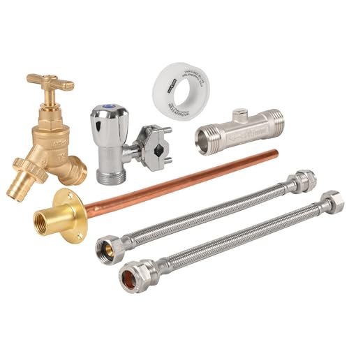 Outside Garden Tap Kit, Self Cutting, Easy DIY Fitting for Outdoor Bibtap and Hoses, Perfect for Gardening, Filling Pools & Irrigation Systems. Tap, Wall Plate, Self Cutting Valve, Flexible Hose, PTFE