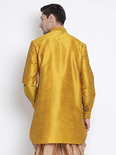 Image of VASTRAMAY VM Mens Silk Blend Mustard Kurta - Elegance for Festivals & Events | Curved Shape Pathani Style Men Silk with slight Cotton mix, Mid Length Kurta | Classic Design, Premium Comfort