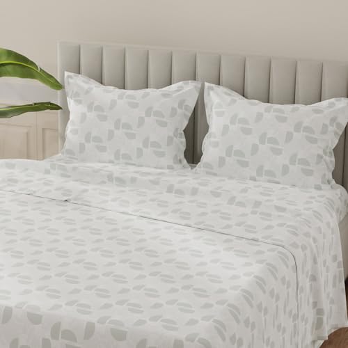 Image of Layers 100% Cotton Bedsheet for King Size Bed | Lumina Floret Collection | 144 TC Soft & Breathable | Printed with 2 Pillow Covers | Wrinkle Free & Colorfast | 3 Piece Bedding Set - Grey & White