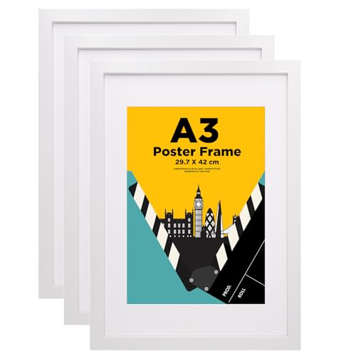 EGOFINE A3 Frames White Set of 3 - Wooden Picture Frames Matted for A4, A3 Photo Frames with Acrylic Glass Front for Wall Mounting, 29.7 X 42 cm Poster Frames for Portrait, Printing