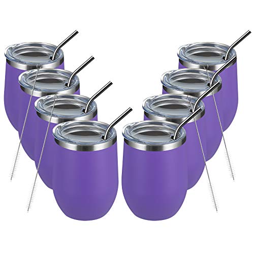 MEWAY Vasos de vino con tapa, de acero inoxidable con doble pared, sin tallo, para viajes, mantiene frío y caliente para vino, café, cócteles, regalos (morado, juego de 8)