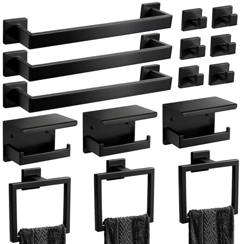 Walkinstin Matte Black Bathroom Hardware Accessories Set, Stainless Steel Towel Racks for Bathroom, 16 Inch Towel Bar, Towel Holders, Updated Toilet Paper Holder with Shelf Wall Mounted(15-Pieces)