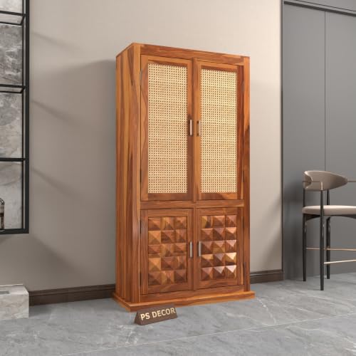 Image of Solid Sheesham Wood Almirah with Cane Doors & Geometric Carved Panels | 4 Door Wooden Wardrobe for Bedroom