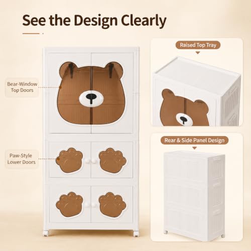 Image of KRISHYAM 3-Tier Kids Plastic Wardrobe, Hanging Rod & Wheels, Bear Paw Design Multipurpose Clothes & Toy Storage Cabinet, 123 x 69 x 32 cm