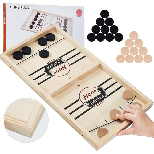 HELLO PAPAYA Fast Sling Puck Game - Test Your Speed and Accuracy with This Fast-Paced Wooden Air Hockey Desktop Battle Board Game - Guaranteed Fun Gifts for Family Night or Friends Party
