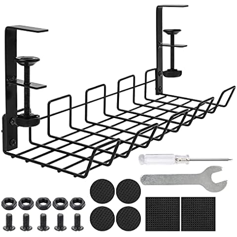 Zhaoyao Under Desk Cable Management Tray, No-Drill Metal Cable Management Basket 38cm, Black, with 6pcs Anti-Slip Mat, 1 PCS Small Wrench, 1 PCS Small Cross Screwdriver Cover