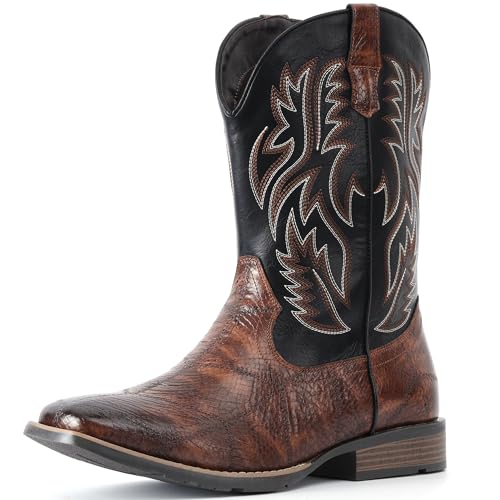 IUV Cowboy Boots For Men Square Toe Western Retro Boot Durable Classic Fashionable Embroidered Pull On Slip Resistant Boots