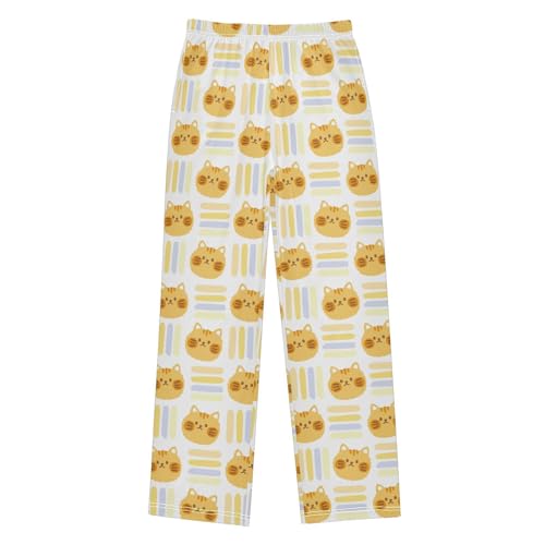 Boys' Pants Cute Cat Cartoon Yellow Stripe Long Bottoms Jogger Pants Elastic Waist Trousers with Pockets S-XL