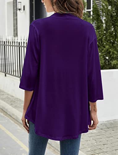 Image of Yekaty Women Cardigan 3 /4 Sleeves Open Front Lightweight Cardigan Draped Ruffles Knit Cardigan