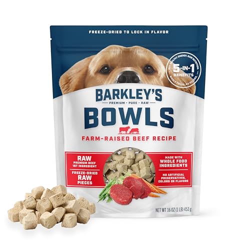 Barkley’s Bowls, Freeze-Dried Raw Beef Dog Food, Fresh Whole Food Ingredients with Farm-Raised Beef, Grain Free, High Protein for Balanced Nutrition, Dog Treats or Topper, 16 Oz Bag