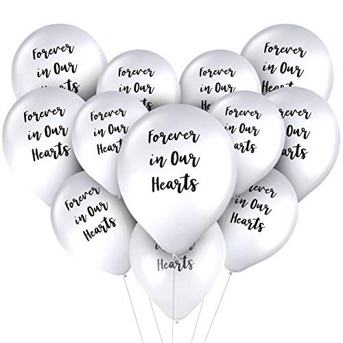 Palloncini commemorativi – Confezione da 30 palloncini bianchi con testo nero 'Forever in Our Hearts' – Palloncini in lattice biodegradabili decorazioni per commemorazioni, funerali, diametro 30,5 cm