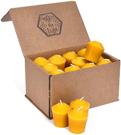 100% Pure Beeswax Votive Candles - USA Handmade Votives for Home, Christmas, and Advent, Smokeless Unscented 24 Candle Set with Natural Honey Aroma, 15 Hour Burn Time, 1.9