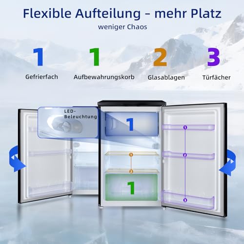 CHIQ kühlschrank mit gefrierfach 107 Liter, mit 13L Gefrierfach｜EEK C, 87 kWh/Jahr | 4-Sterne-Gefrieren, -24 °C bis -16 °C| geräuscharm, Schwarz, CTT107BC