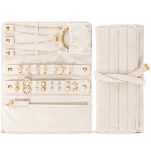 Tondiamo 1 Pcs Velvet Jewelry Roll Luxury Travel Jewelry Case for Ring Necklace Earring Bracelet Storage Bag Women Bridesmaid Gift (Cream White) by Tondiamo - Used condition - US$12.09