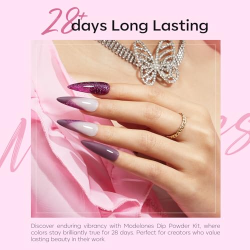 Modelones Dip Powder Nail Kit, Pink Purple 4 Colors Nail Dip Powder Kit Starter Set For Beginners With Dipping Powder Liquid Set thumb #3