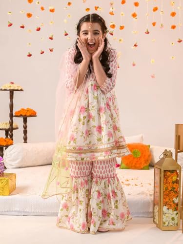 Little Zing Girls Cotton Kurta Sharara Set - Multi-Floral Angrakha Style with Gotta Patti for Festivals & Celebrations