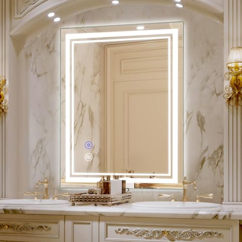 SaniteModar LED Bathroom Mirror 36 x 28 inch, Front + Backlit Light Led Mirror, Dimmable 3 Colors Led Mirror, Anti Fog Waterproof Bathroom Mirror, Wall Mounted Mirror with Touch, Horizontal/Vertical by SaniteModar - Used condition - CA$103.24