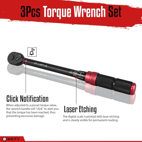 Wett WW011 3Pcs Torque Wrench Set, 1/4'' & 3/8'' & 1/2'' Drive Click Torque Wrench, Dual-Direction Adjustable Reversible 72-Tooth Ratchet Handle thumb #4