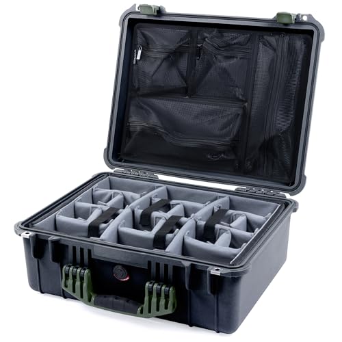 Pelican 1550 Case by ColorCase - Black - Medium Size Waterproof Case with Grey Padded Dividers & Mesh Lid Organizer - OD Green Handles & Latches