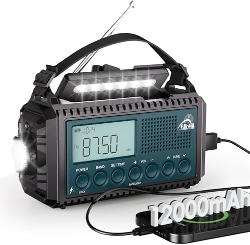 AM/FM/SW Kurbelradio mit 12000mAh Akku Wiederaufladbare, Tragbare Radio mit Taschenlampe & Leselicht, Notfallradio Typ C Anschluss, SOS-Alarm Dynamo Radio für Wandern, Outdoor, Cam