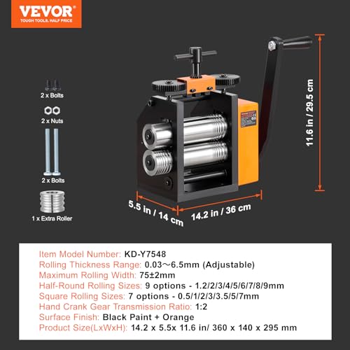VEVOR 3 in 1 Handwalzwerk Maschine 75 mm Kombinationswalzwerk, Manueller Walzwerk Schmuckwalzwerk Einstellbare Dicke von 0,03 bis 6,5 mm, Handwalzwerk Maschine für Platin/K-Gold/Messing