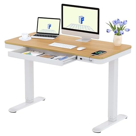 FLEXISPOT Comhar Biurko elektryczne z regulowaną wysokością do pracy na siedząco i stojąco, blat 120 x 60 cm, biała rama, stanowisko pracy, porty USB, panel z funkcją pamięci, kolor drewna klonowego