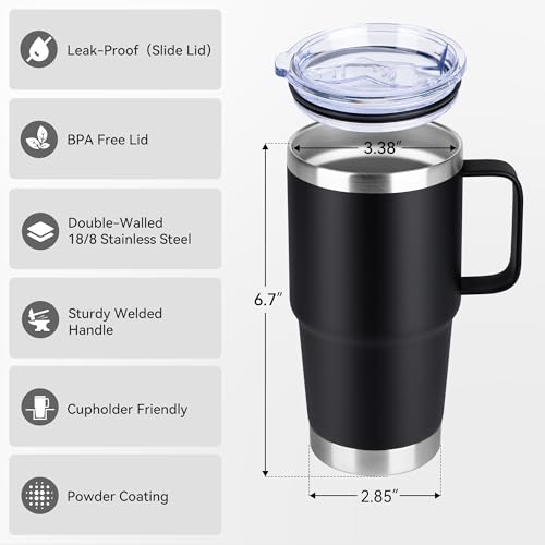 20oz Tumbler Bulk with Lid, Stainless Steel Tumbler Bulk with Handle, Metal Insulated Travel Coffee Mug Set with Handle, Double Wall Vacuum Leak Proof Tumbler Cup, Black 6 Pack