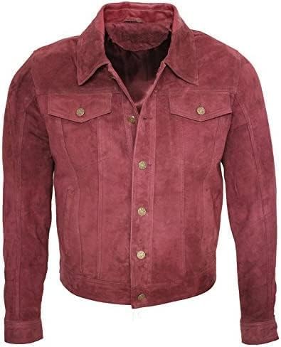 Image of Vintage Trucker Suede Leather Jacket Men - Classic Denim Biker Cafe Racer Causal Western Jacket