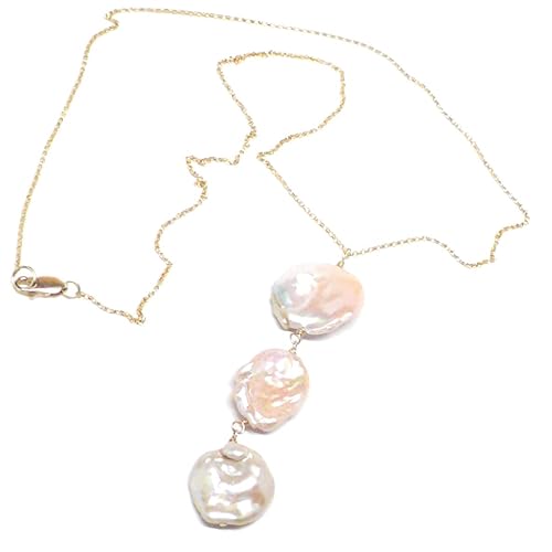 Miniatura 2 de Large Champagne Baroque Petal Cultured Freshwater Pearl Three Dangles Chain Necklace Gold-Filled 24 Inches