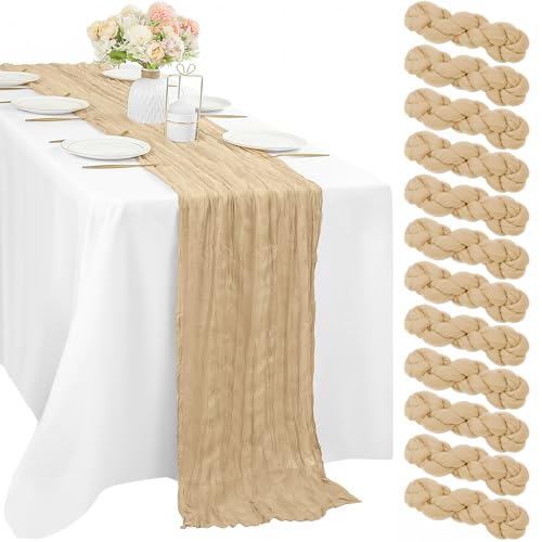 Sand 12 Pieces 35 x 120 Inches Long Cheesecloth Table Runner Gauze Fabric 10Ft Boho Table Runner Rustic Sheer Runner for Wedding Baby Bridal Shower Birthday Holiday Party Table Arbor Decor (Sand)
